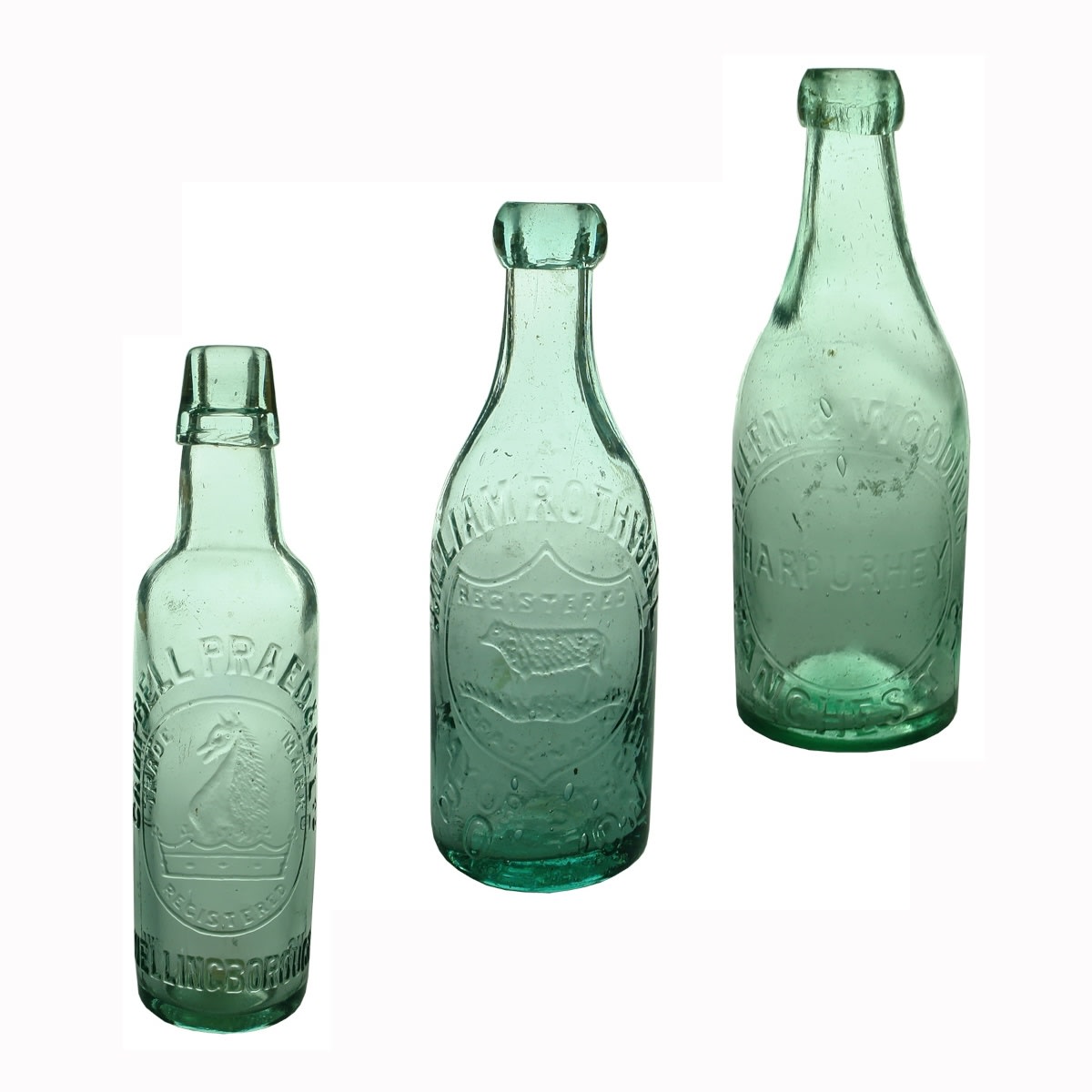 3 UK Aerated Waters: Campbell Praed & Co Wellingborough Lamont; William Rothwell Bolton blob top; Allen & Wooding Manchester Blob top.