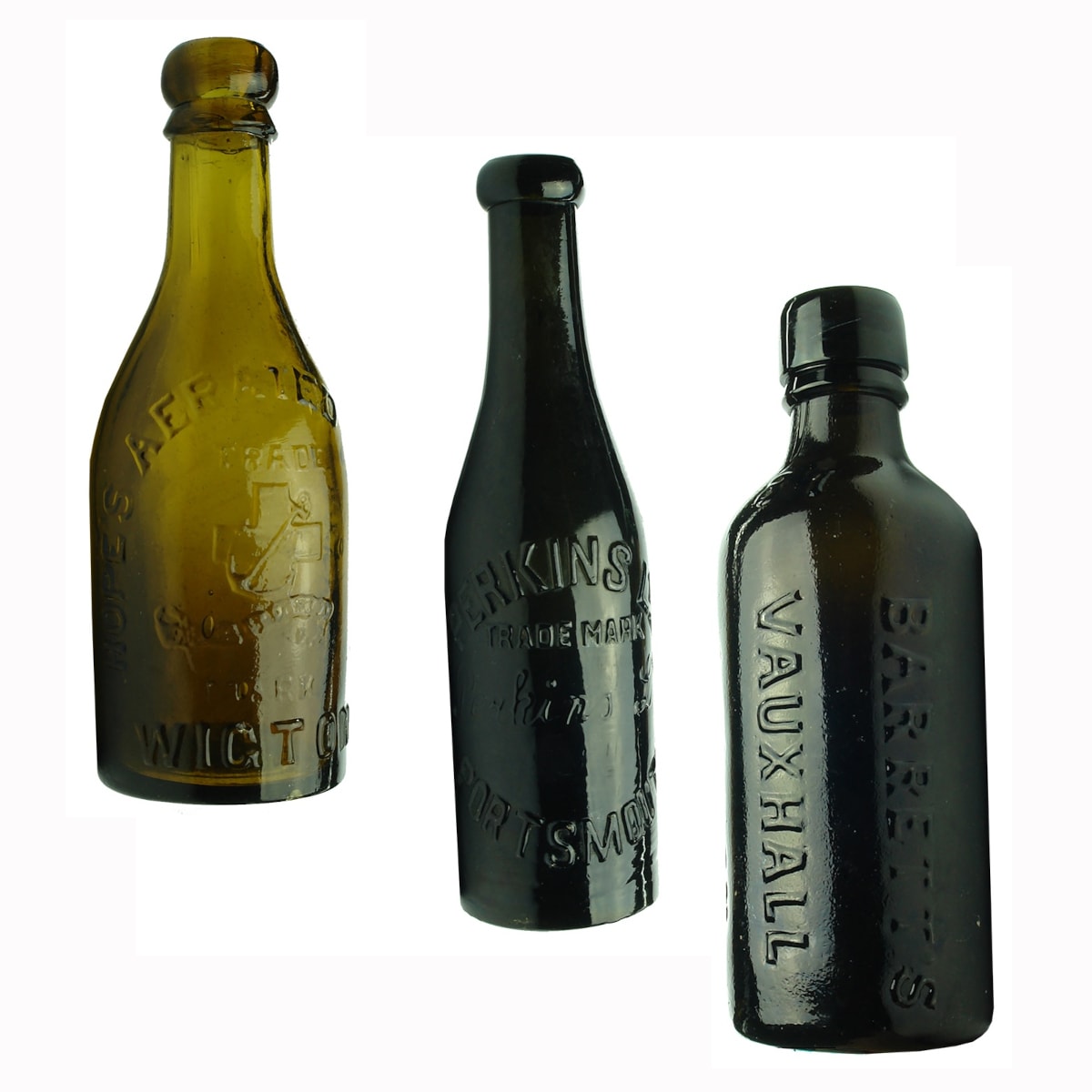 3 UK Bottles: Hope's Aerated Waters, Wigton; Perkins Ltd, Portsmouth; Barrett's Vauxhall, London.