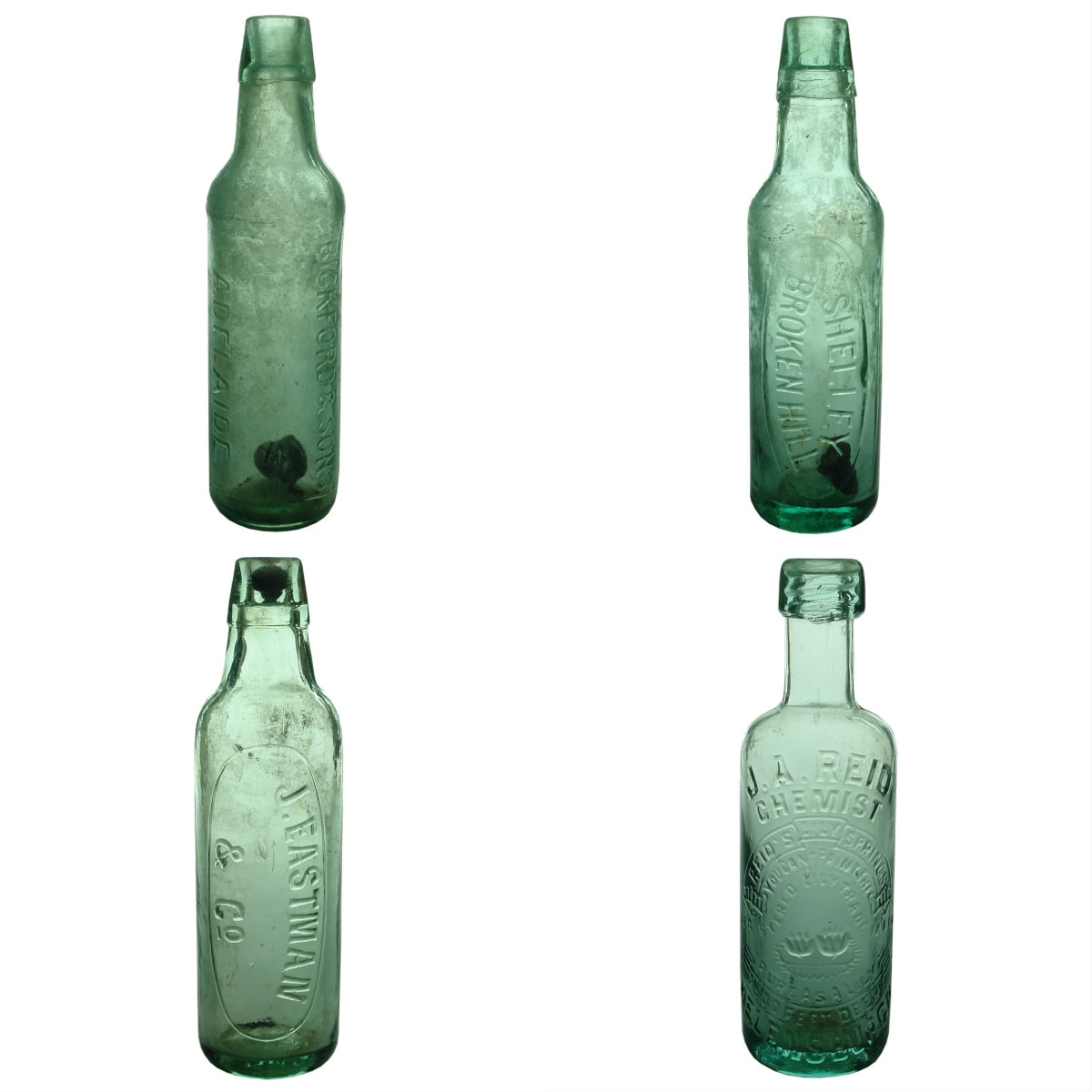 4 Aerated Waters: Bickford & Sons Adelaide Lamont; Shelley Broken Hill Lamont; J. Eastman & Co Lamont; J. A. Reid Chemist Helensburgh Internal Thread. (New South Wales & UK)
