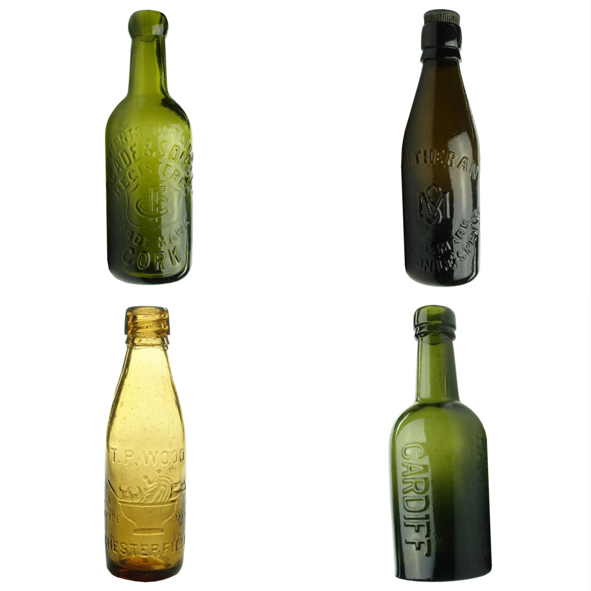 4 UK/Irish Bottles: F. Cade & Sons Ltd, Cork; M. Sutheran, Houghton le Spring; T. P. Wood, Chesterfield; Hancocks, Cardiff.
