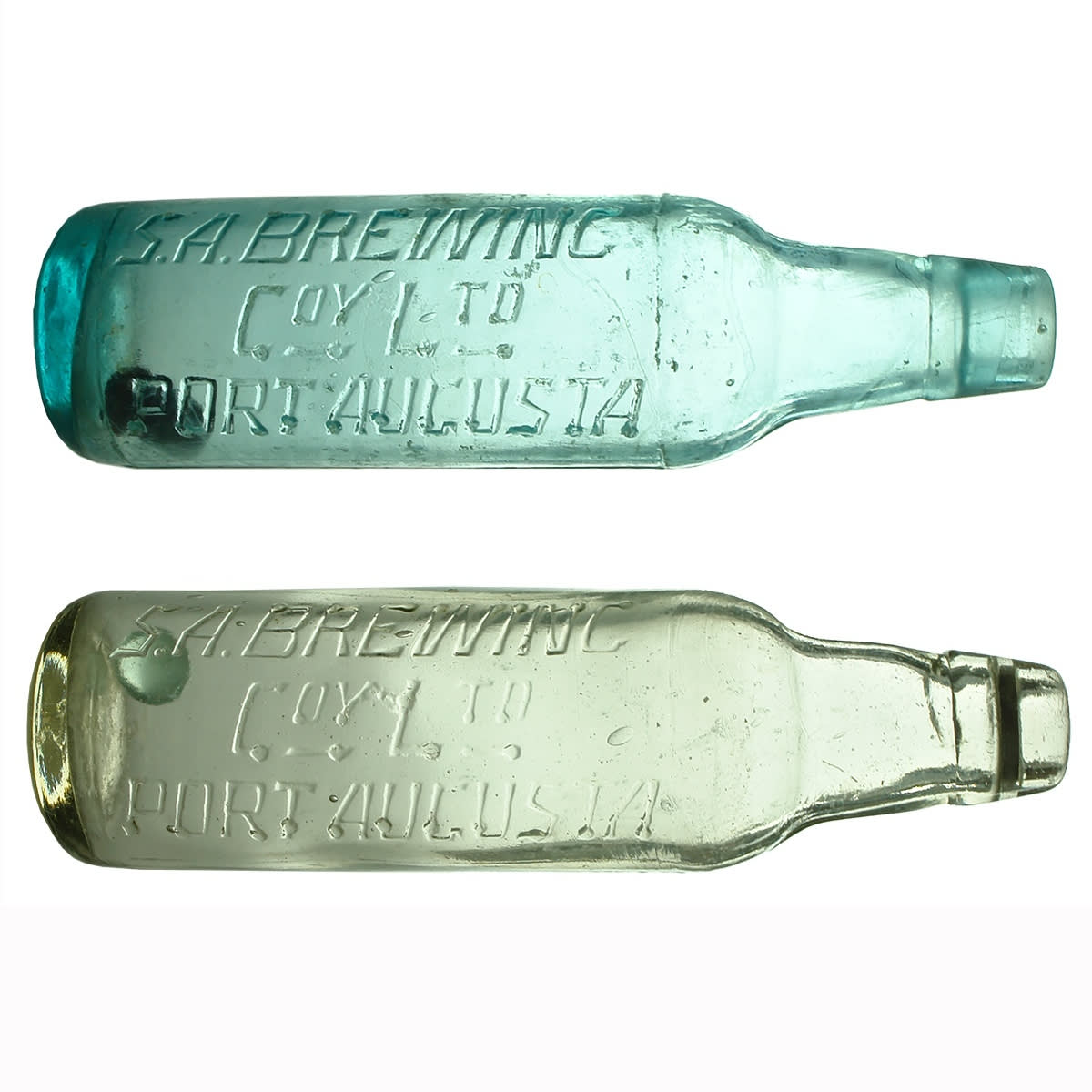 2 SA Brewing Bottles: S. A. Brewing Coy Ltd Port Augusta. Ice Blue Lamont & Clear Lamont shape with Codd closure. 10 oz. (South Australia)