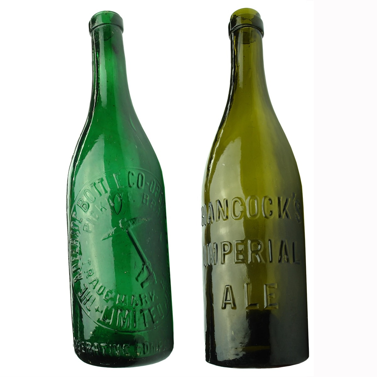 2 Ring Seal Beers: Pickaxe, Adelaide Bottle Co-operative Company in bright green; Hancock's Imperial Ale (NZ).