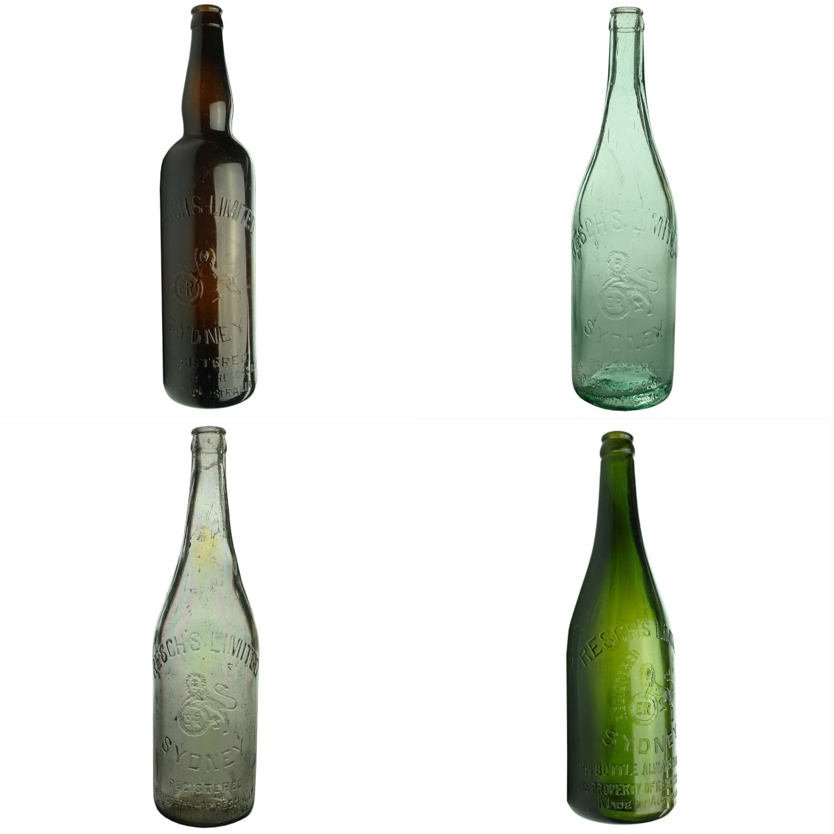 4 Crown Seal Beers: All different variations of Resch's Ltd, Sydney. Rampant Lion with Barrel that has ER Initials on the end. Dark Amber with fancy neck; Aqua; Sun Coloured Amethyst & Green.
