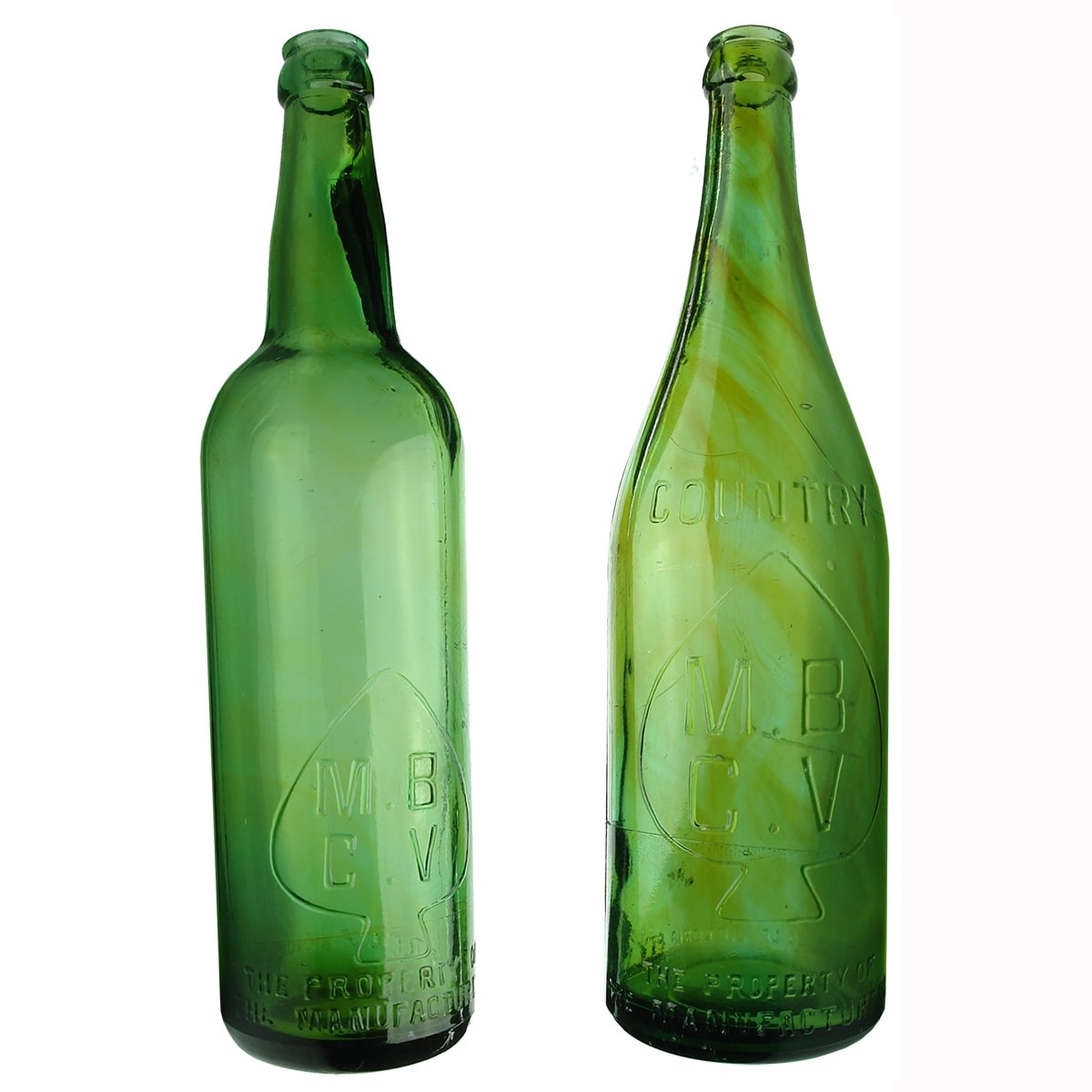 2 Green MBCV Spade Beers: Shouldered; Champagne shape with Country and big amber swirls running through the bottle. (Victoria)