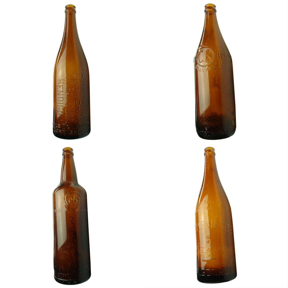 4 Crown Seal Beer like bottles: 2 x Different Cohn Bros. Bendigo & Swan Hill; Richmond Brewery; Nettle & Nettle, Kalgoorlie.