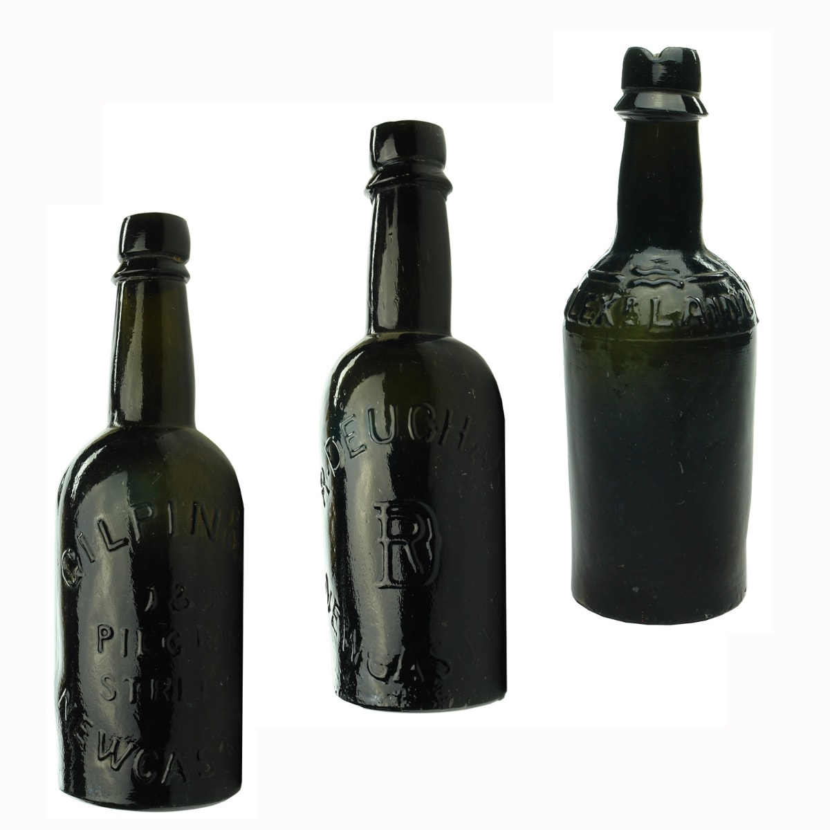 3 Black Glass UK Beers: Gilpin & Co Newcastle; R. Deuchar, Newcastle; Alexander Laing, Newcastle. Half Pint.