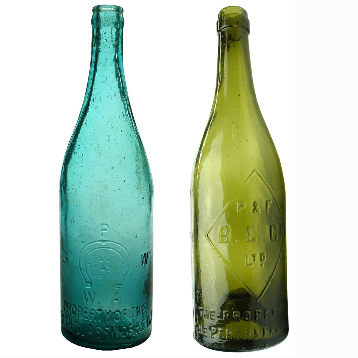 2 WA Beers: Kerosene Blue Perth Glass Works; Green Perth & Fremantle Bottle Exchange, ring seal. (Western Australia)