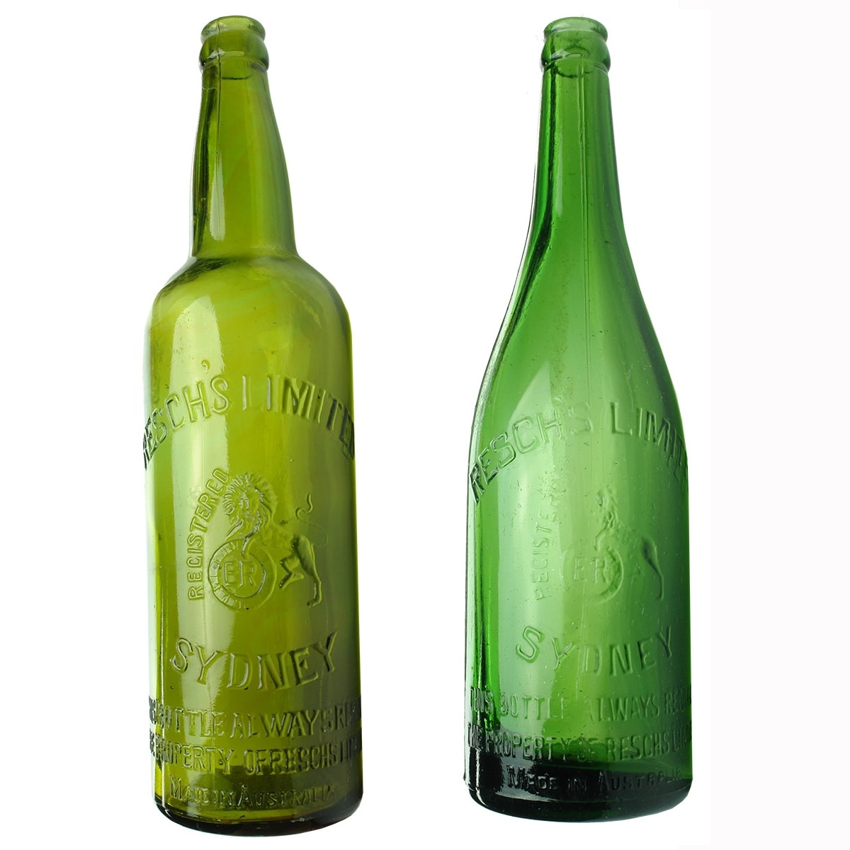 2 Crown Seal Beers. Resch's Limited Sydney. Shouldered & Champagne shapes. Rampant Lion & Barrel. Different shades of green. (New South Wales)