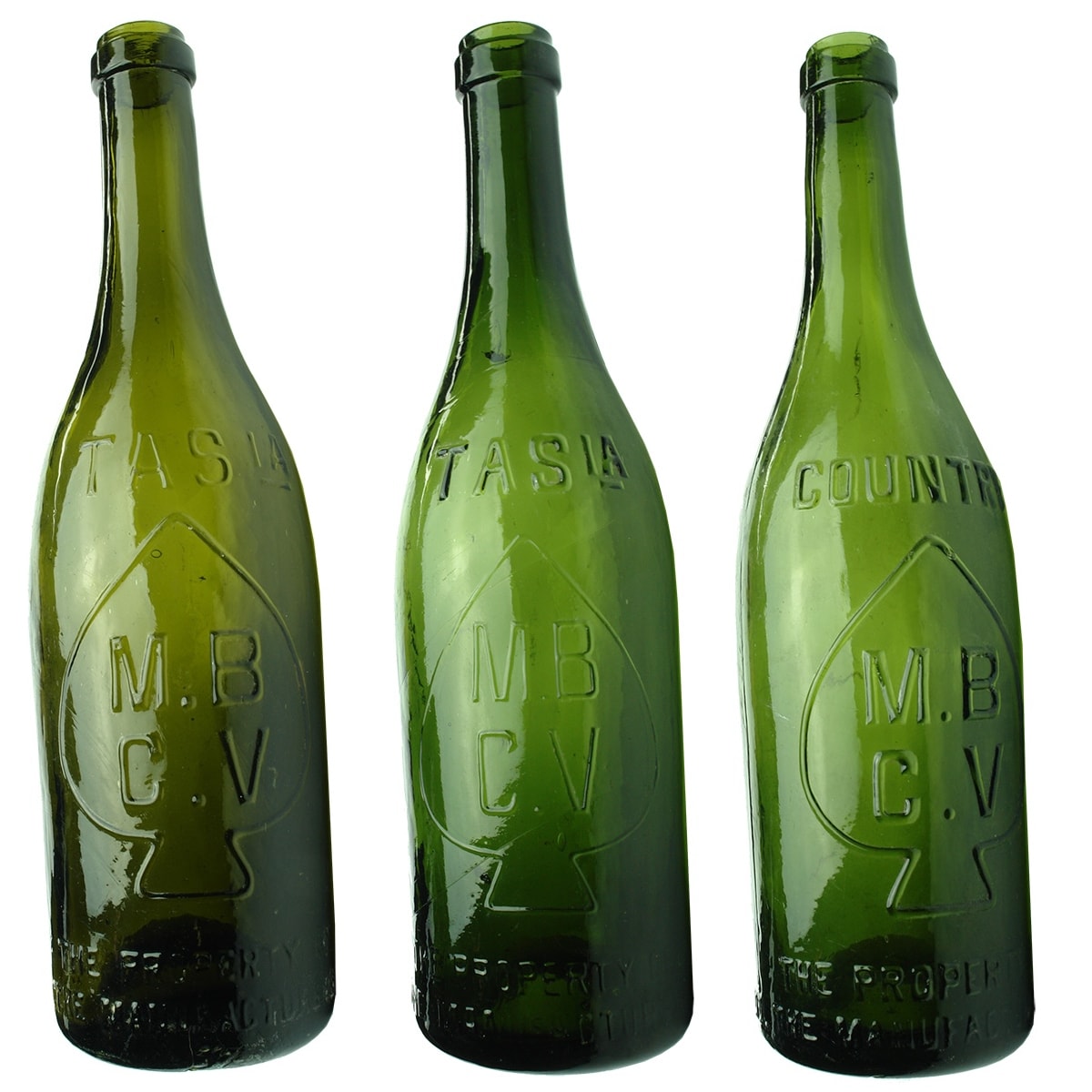 3 MBCV Ring Seal Beers. Manufacturers Bottle Co. Of Victoria Ltd. 2 x Tasia variations, 1 x Country. Big Spades.