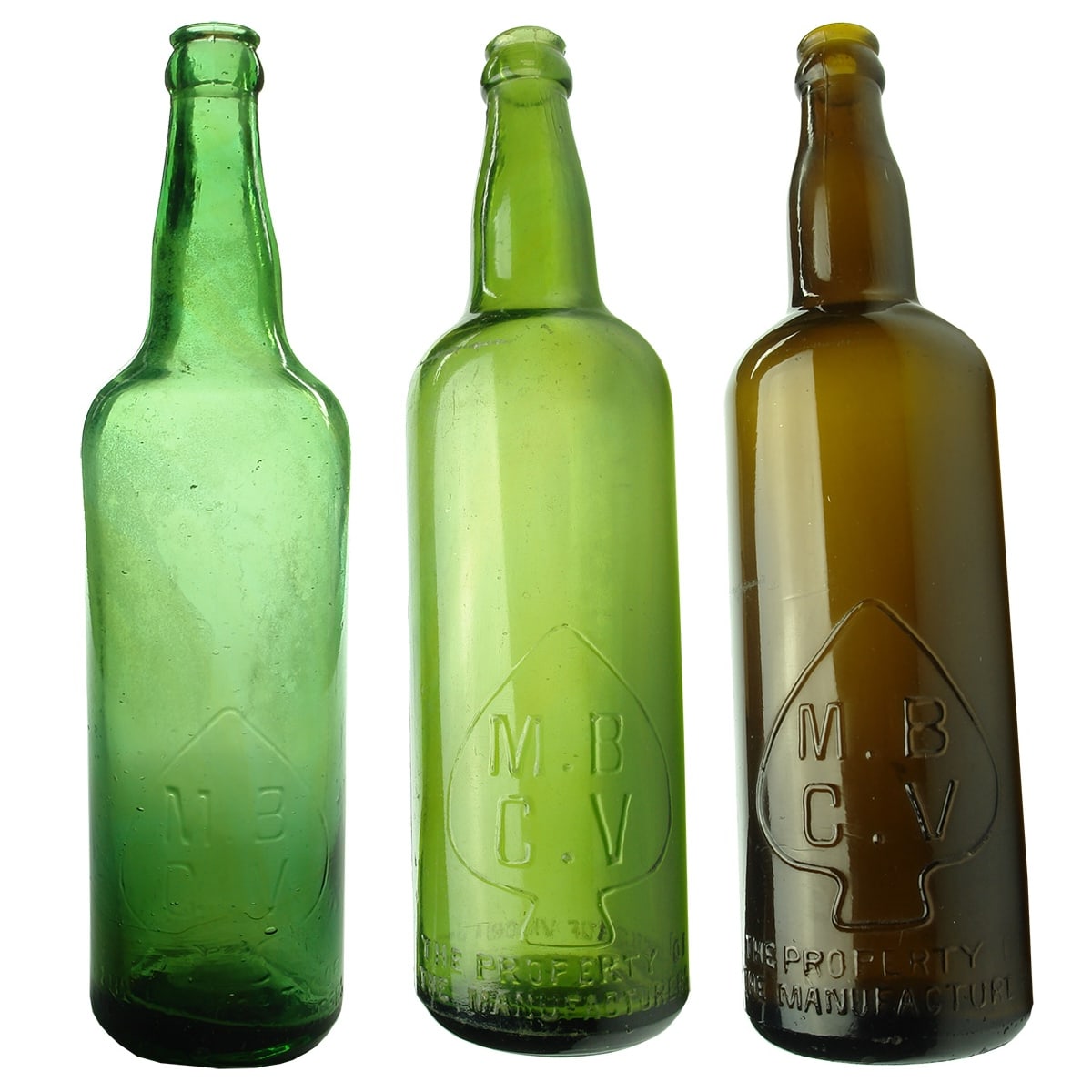 3 Shouldered MBCV Crown Seal Beers. Manufacturers Bottle Co. of Victoria Pty Ltd. 2 different Greens and amber. (Victoria)