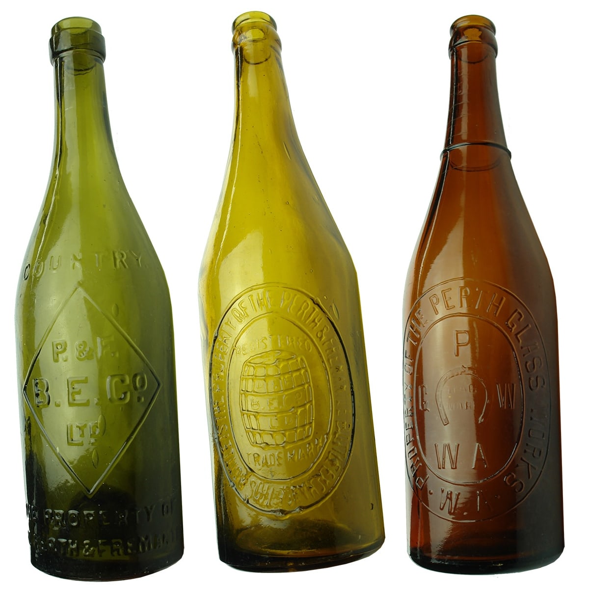 3 WA Beers: Perth & Fremantle BECO Country Ring Seal; BECO Crown Seal, Golden Amber; Perth Glass Works amber with ring in neck. (Western Australia)