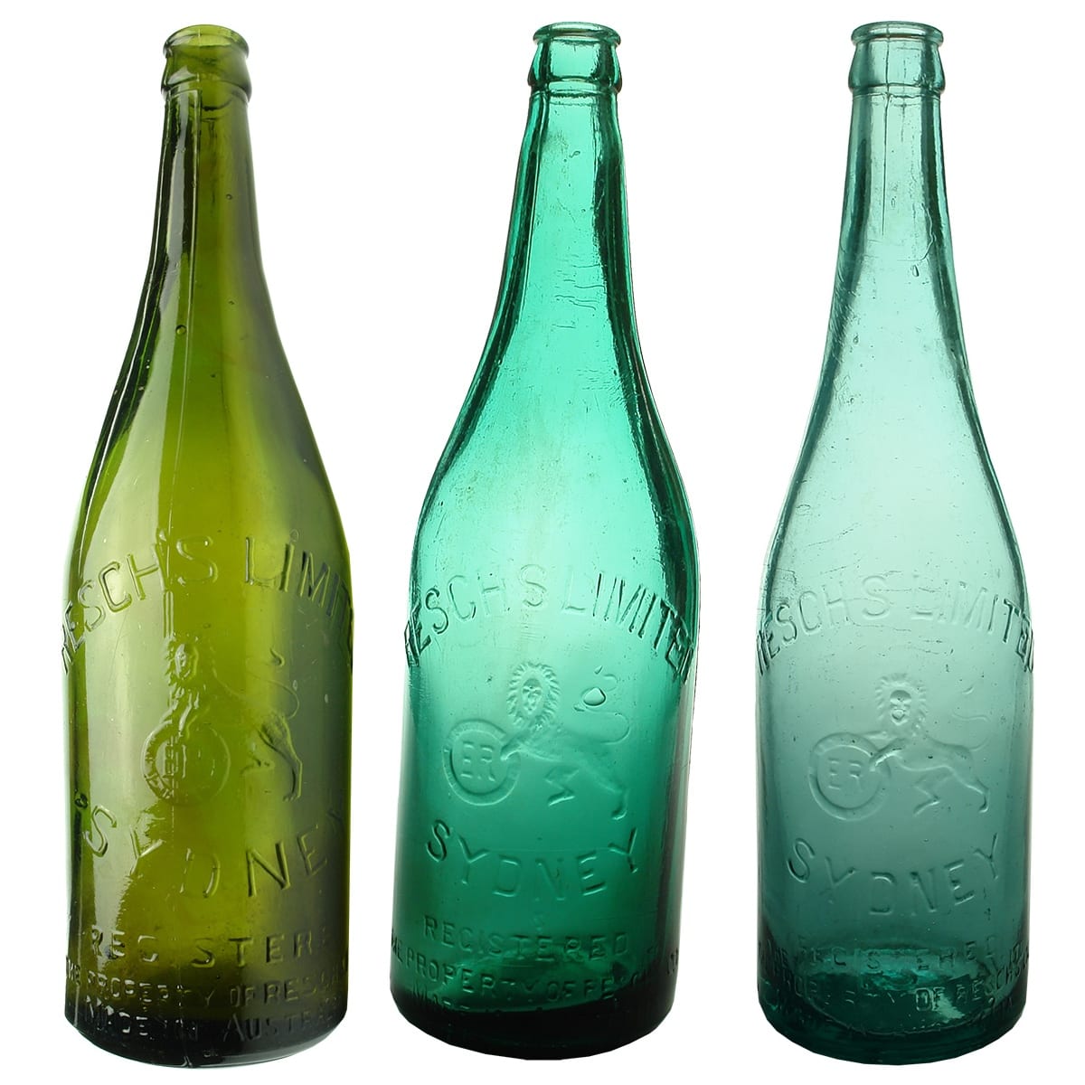 3 Crown Seal Beers: All Resch's Limited, Sydney. Rampant Lion with Barrel. Green, Teal Green & Blue Aqua. (New South Wales)