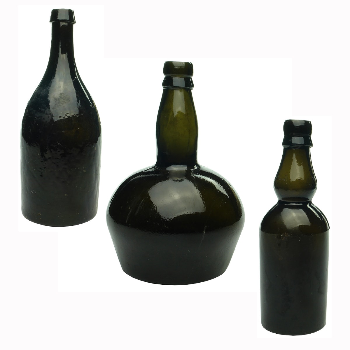 3 Black Bottles: Machen Beer; Squat mallet like Whisky; Small three piece mould with bulged neck.