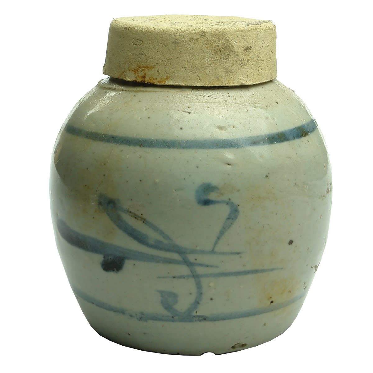 Chinese. Light grey ginger jar with blue/grey pattern.