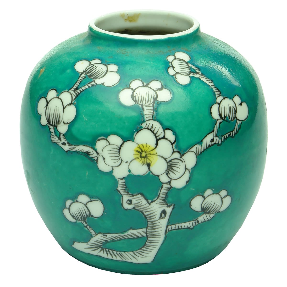 Chinese. Green Ginger Jar with Unusual Flower Pattern. (China)
