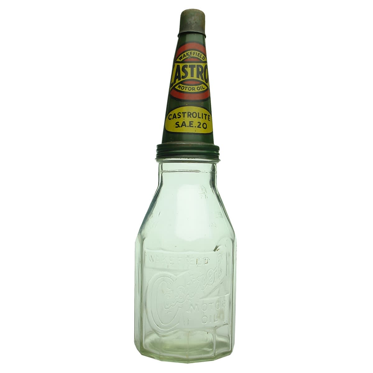 Tin oil top pourer and embossed bottle. Wakefield Castrol Motor Oil. Castrolite C. C. Wakefield & Co quart bottle.