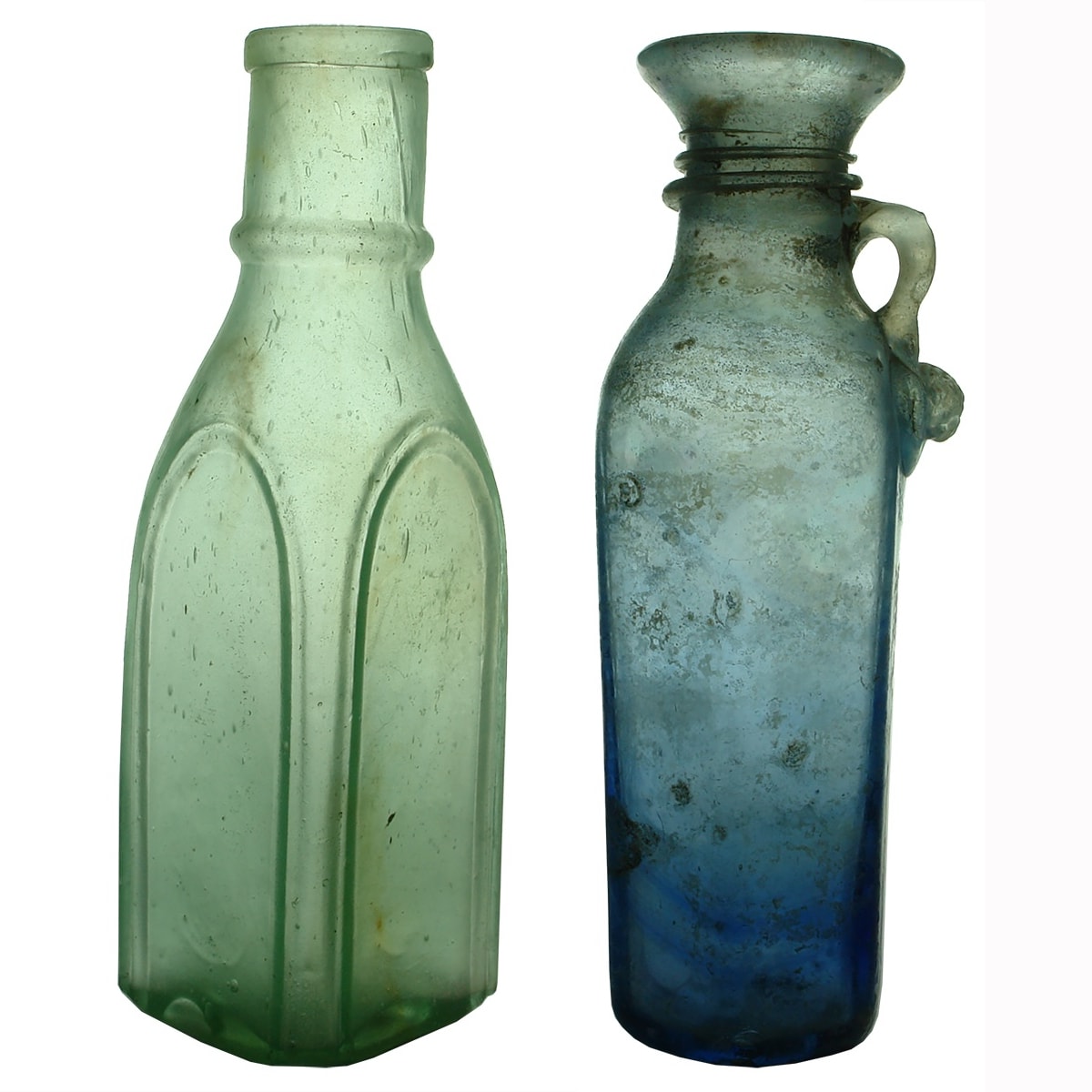 2 Bottles. Arched Goldfields Pickle and "Roman" type replica bottle from early 1900s.