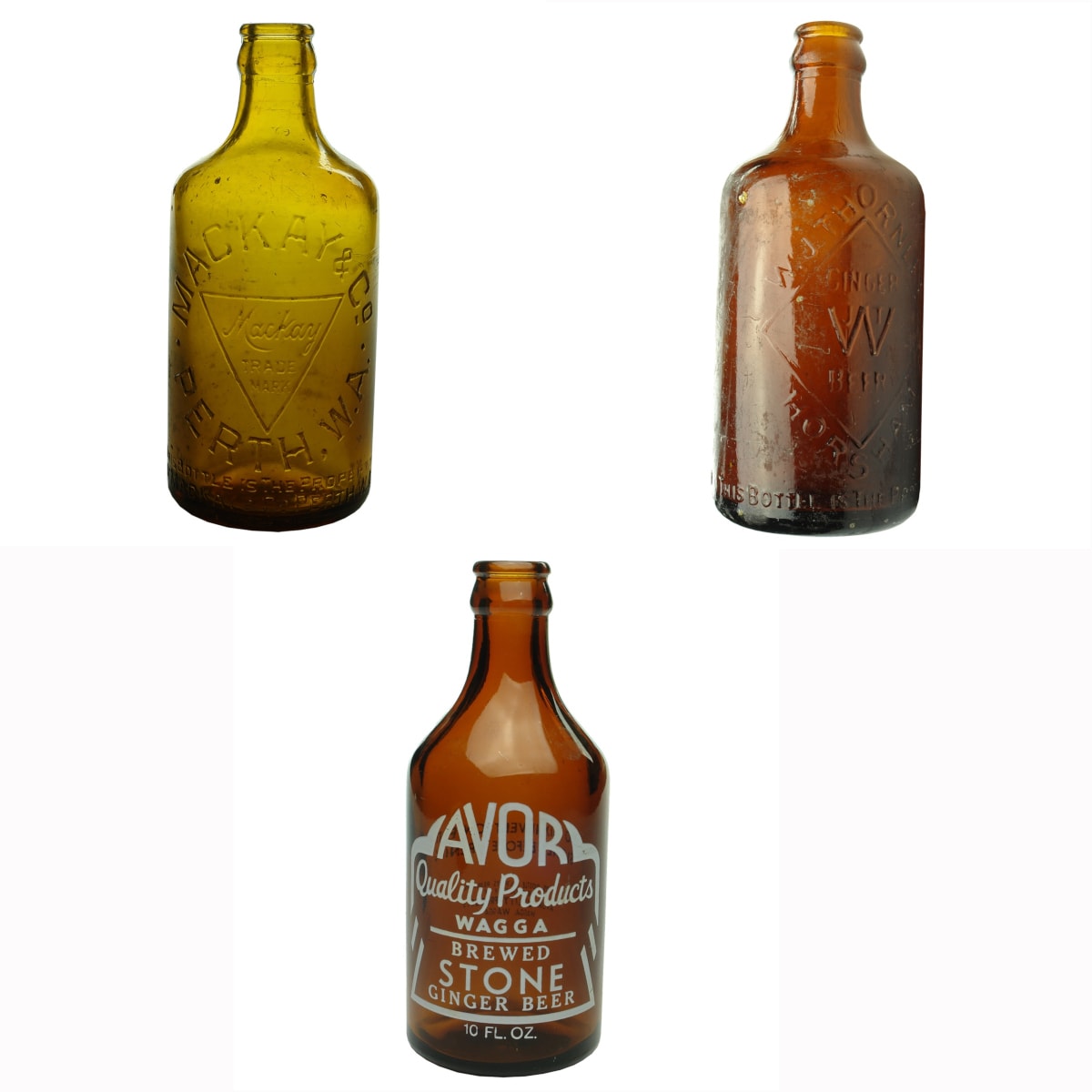 3 Dumpy Crown Seals: Mackay & Co, Perth; W. J. Thornley, Horsham; Avor Quality Products, Wagga (Ceramic Label).