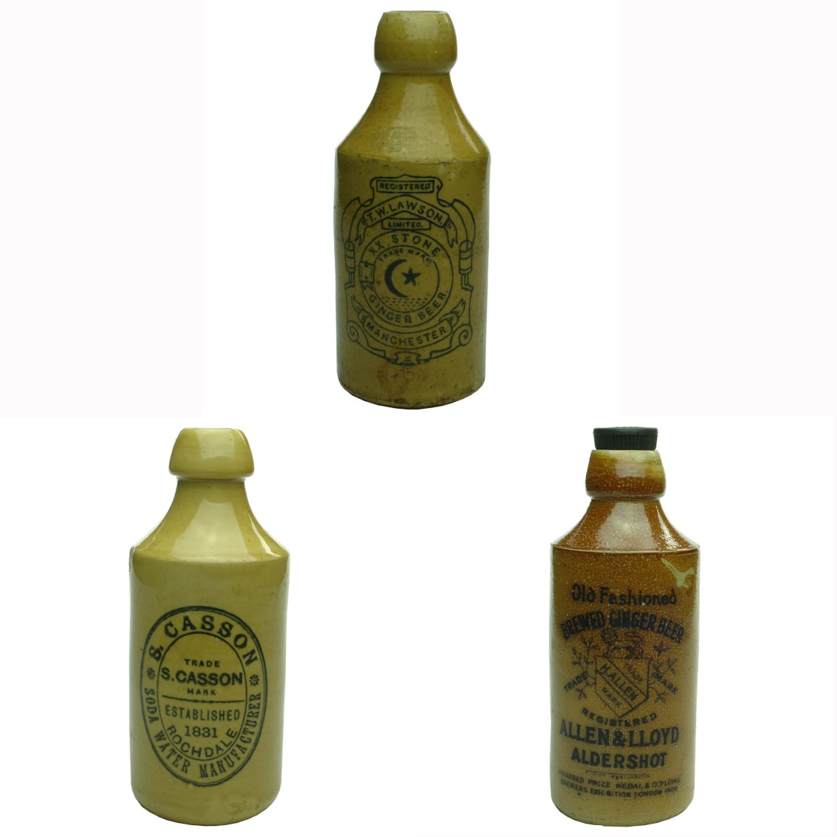 3 UK Ginger Beers: T. W. Lawson Ltd, Manchester; S. Casson, Rochdale; Allen & Lloyd, Aldershot (Internal thread with Allen & Lloyd Ltd stopper).