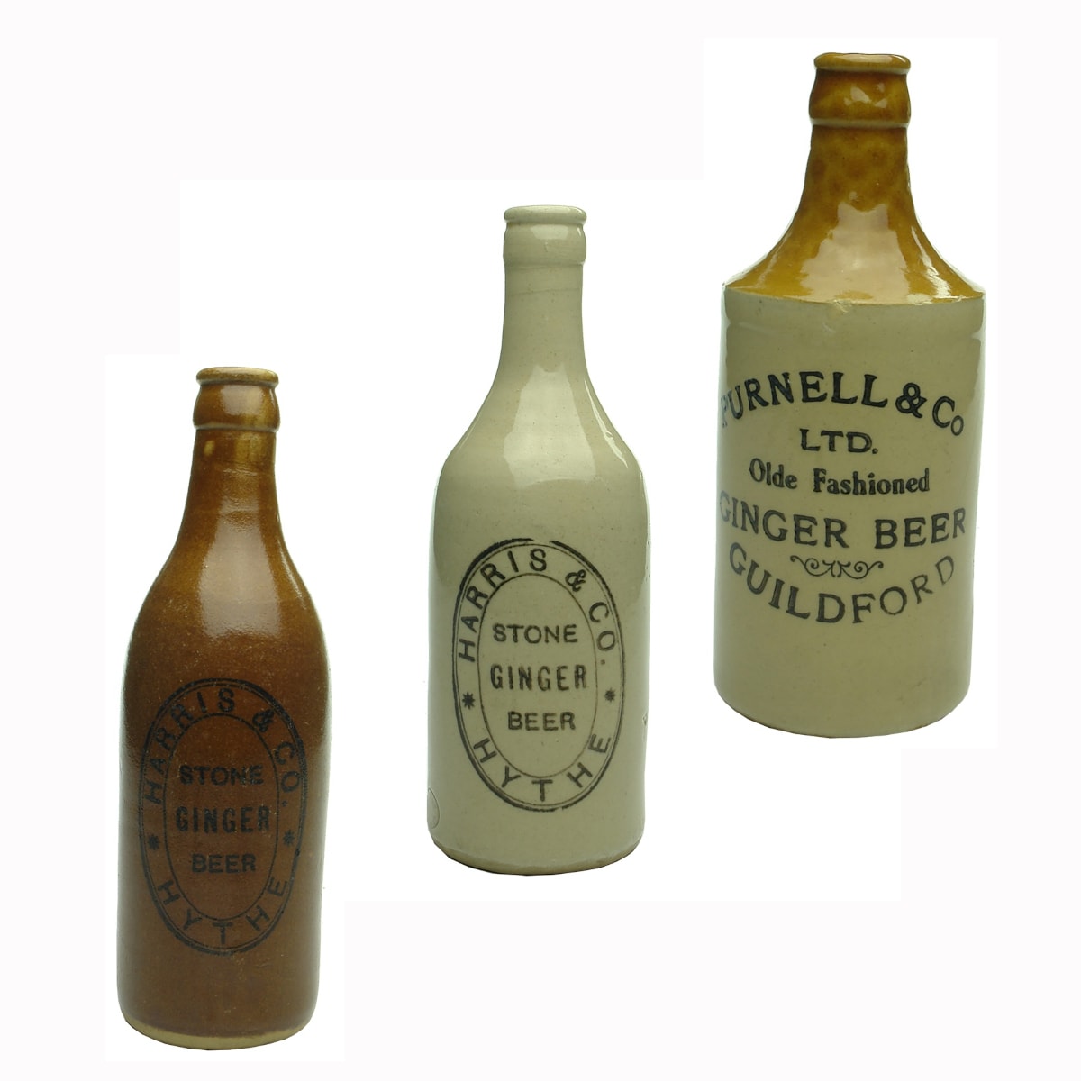 3 UK Ginger Beers: 2 x Harris & Co., Hythe (All Tan & All White); Purnell & Co Ltd, Guildford.