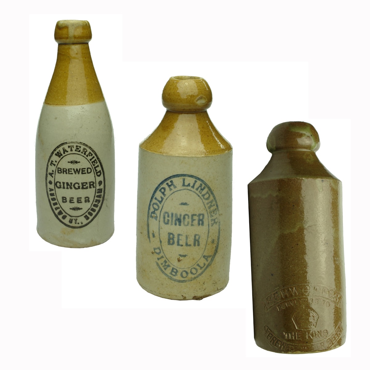 3 Ginger Beers: A. T. Waterfield, Horsham; Dolph Lindner Dimboola; Schweppes Purveyors to the King.