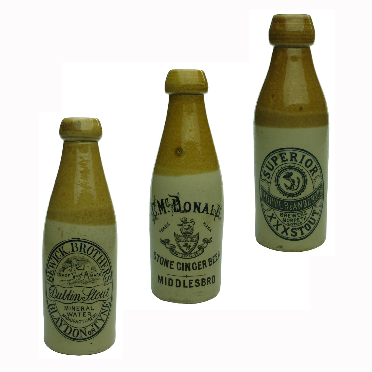 3 UK Ginger Beers/Stouts: Bewick Brothers, Blaydon on Tyne; C. McDonald, Middlesbro; Hopper & Anderson, Brewers, Morpeth.