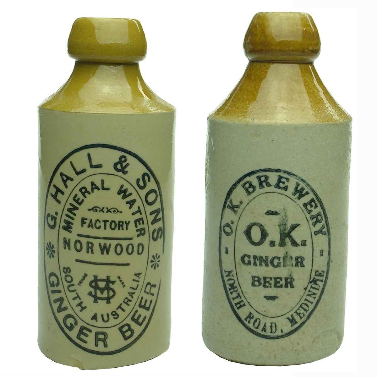2 Ginger Beers: G. Hall & Sons, Norwood; O. K. Brewery, North Road, Medindie. (South Australia)
