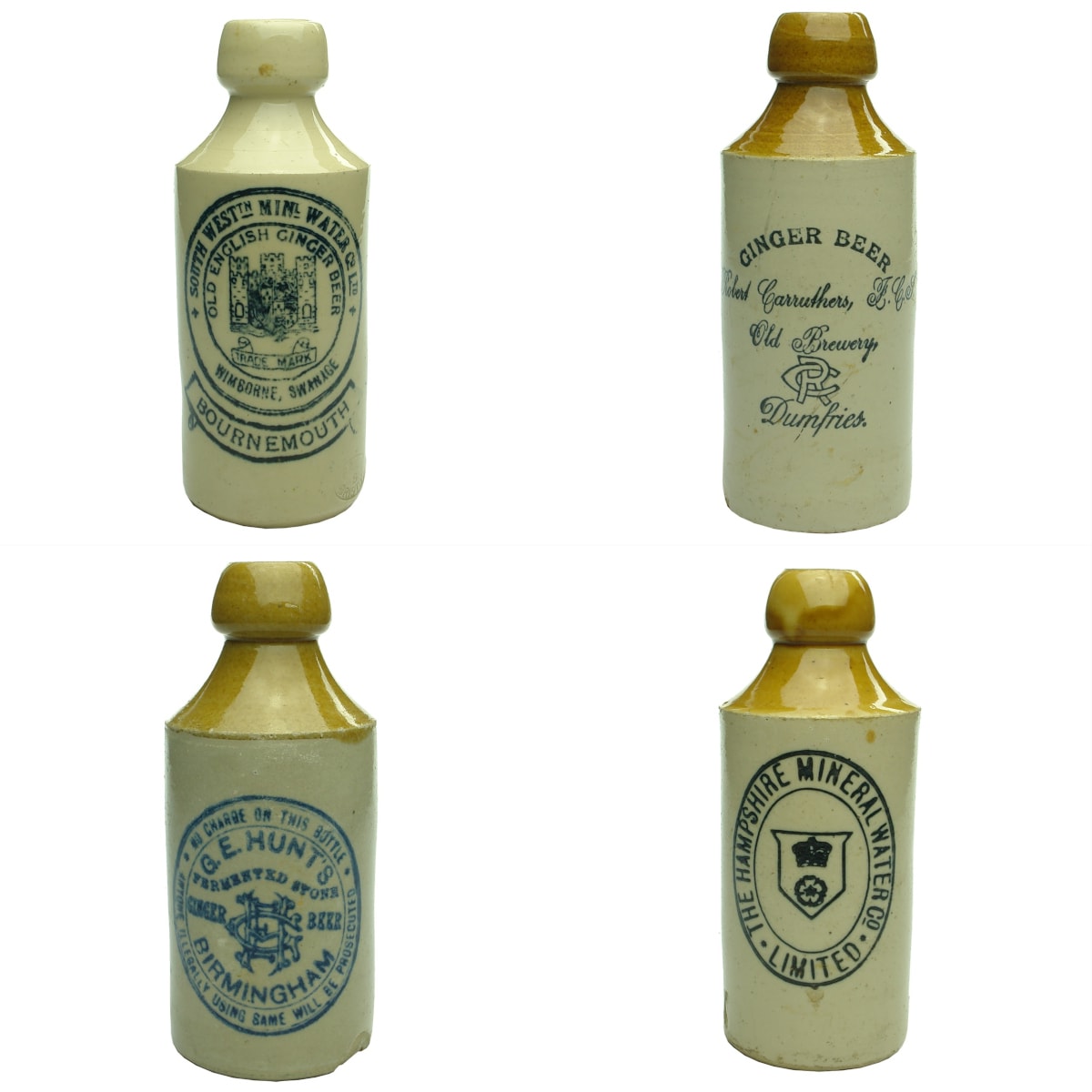 4 UK GInger Bers: South Western Mineral Water Co Ltd, Bournemouth; Robert Carruthers, Dumfries; G. E. Hunt's, Birmingham; The Hampshire Mineral Water Co Ltd.