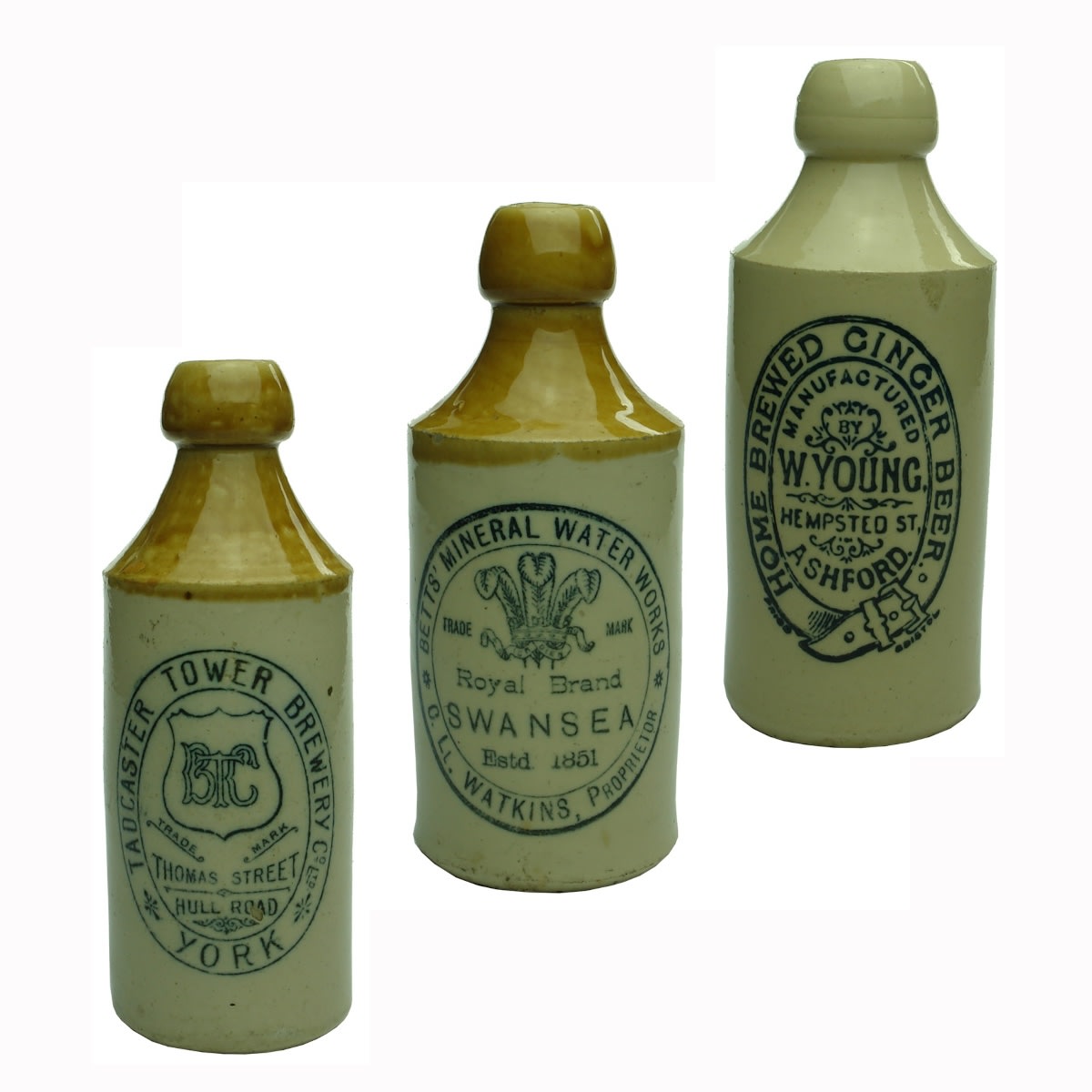 3 UK Ginger Beers: Tadcaster Brewery, York; Betts' Mineral Water Works, Swansea; W. Young, Ashford.