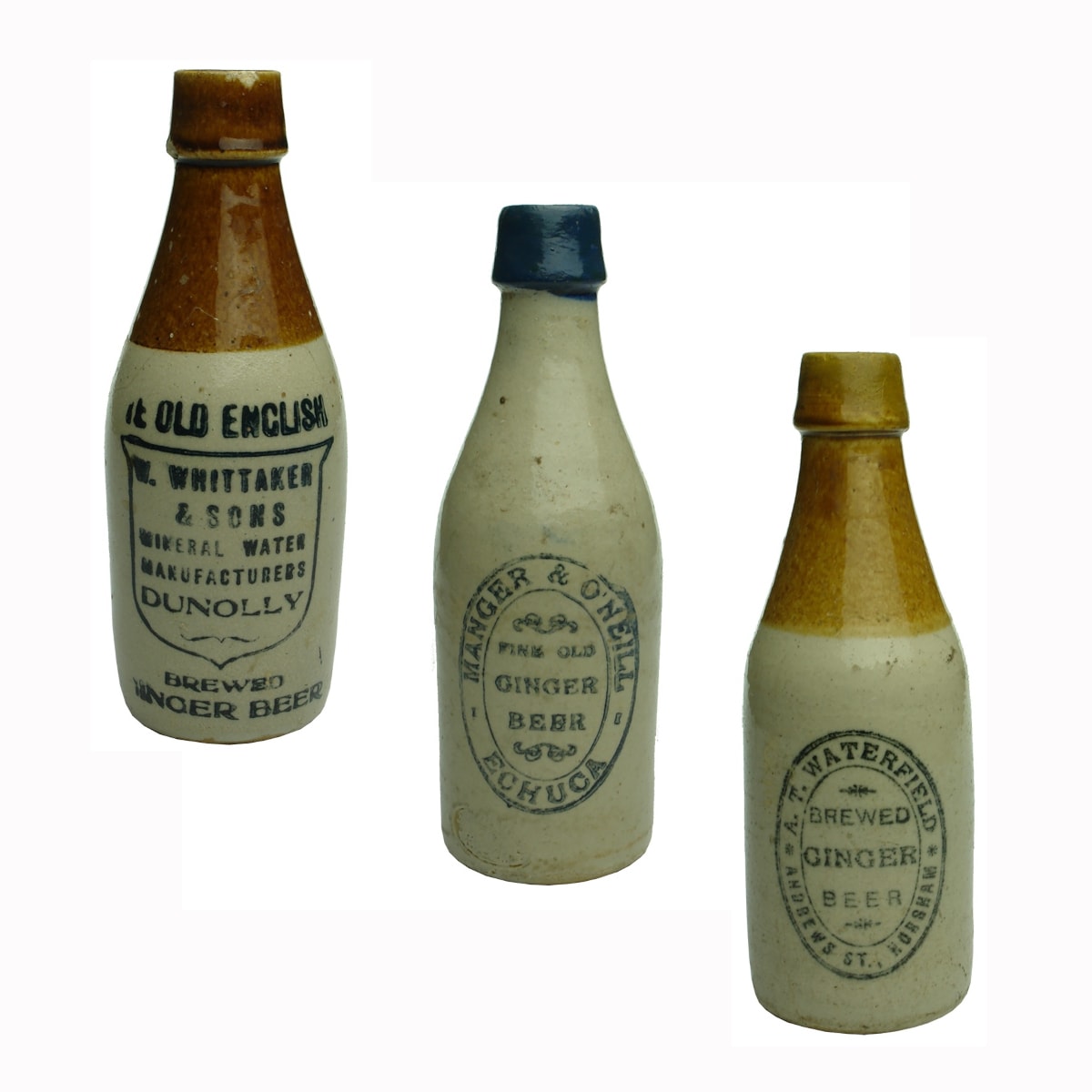 3 Ginger Beers: W. Whittaker & Sons, Dunolly; Manger & O'Neill, Echuca; A. T. Waterfield, Horsham. (Victoria)