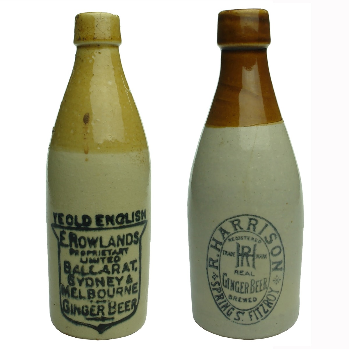 2 Ginger Beers: E. Rowlands Pty Ltd, Ballarat, Sydney & Melbourne; R. Harrison, Real Brewed Ginger Beer, Fitzroy. (Victoria & New South Wales)