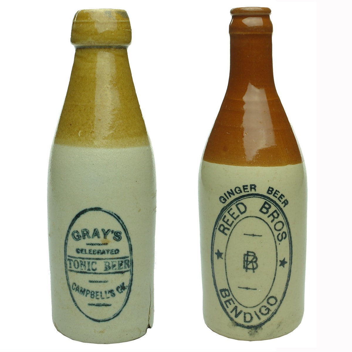 2 Ginger Beers: Gray's Tonic Beer Campbell's Creek, Internal Thread; Reed Bros Bendigo, Red top Crown Seal. (Victoria)