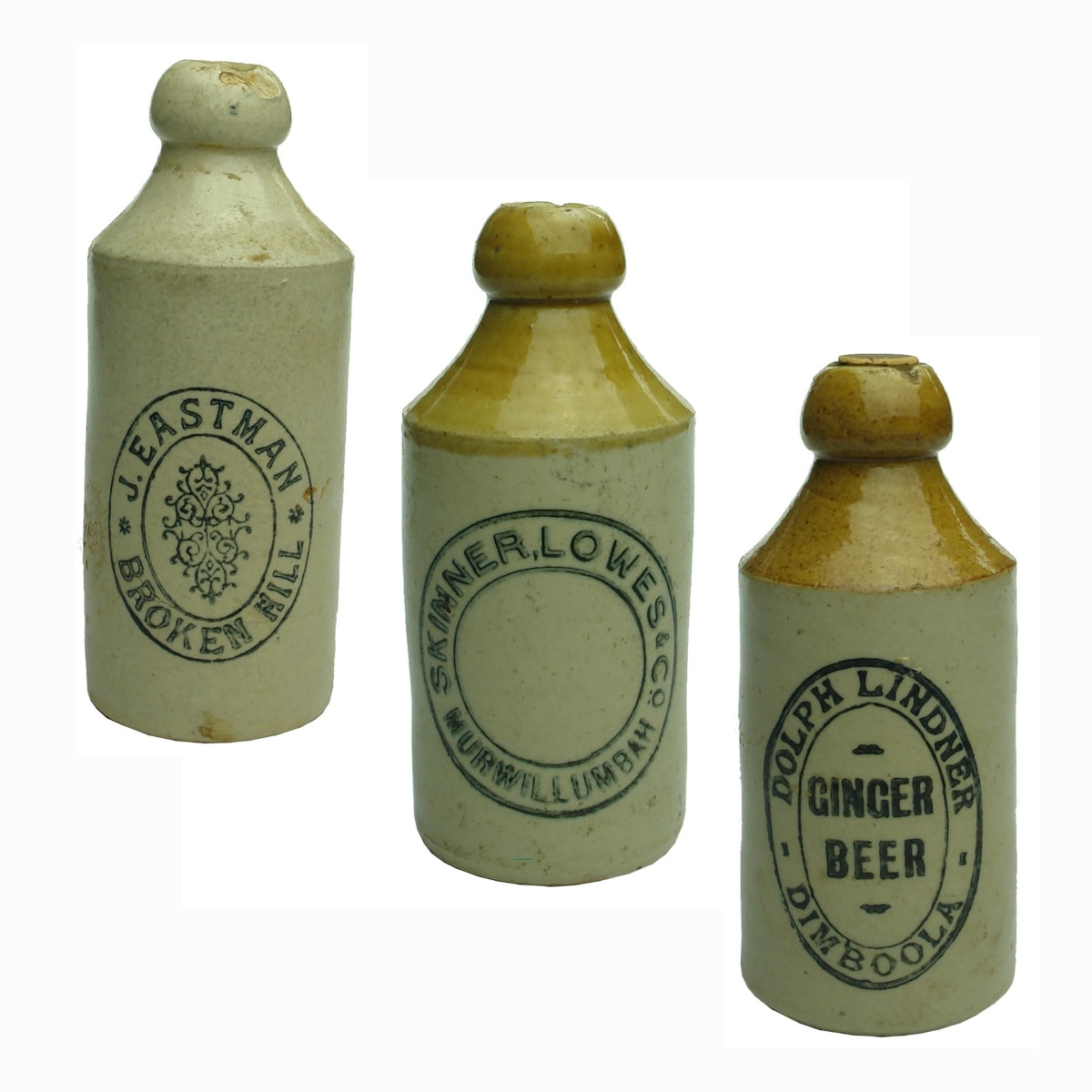 3 Ginger Beers: J. Eastman, Broken Hill; Skinner Lowes & Co Murwillumbah; Dolph Lindner, Dimboola. (New South Wales & Victoria)