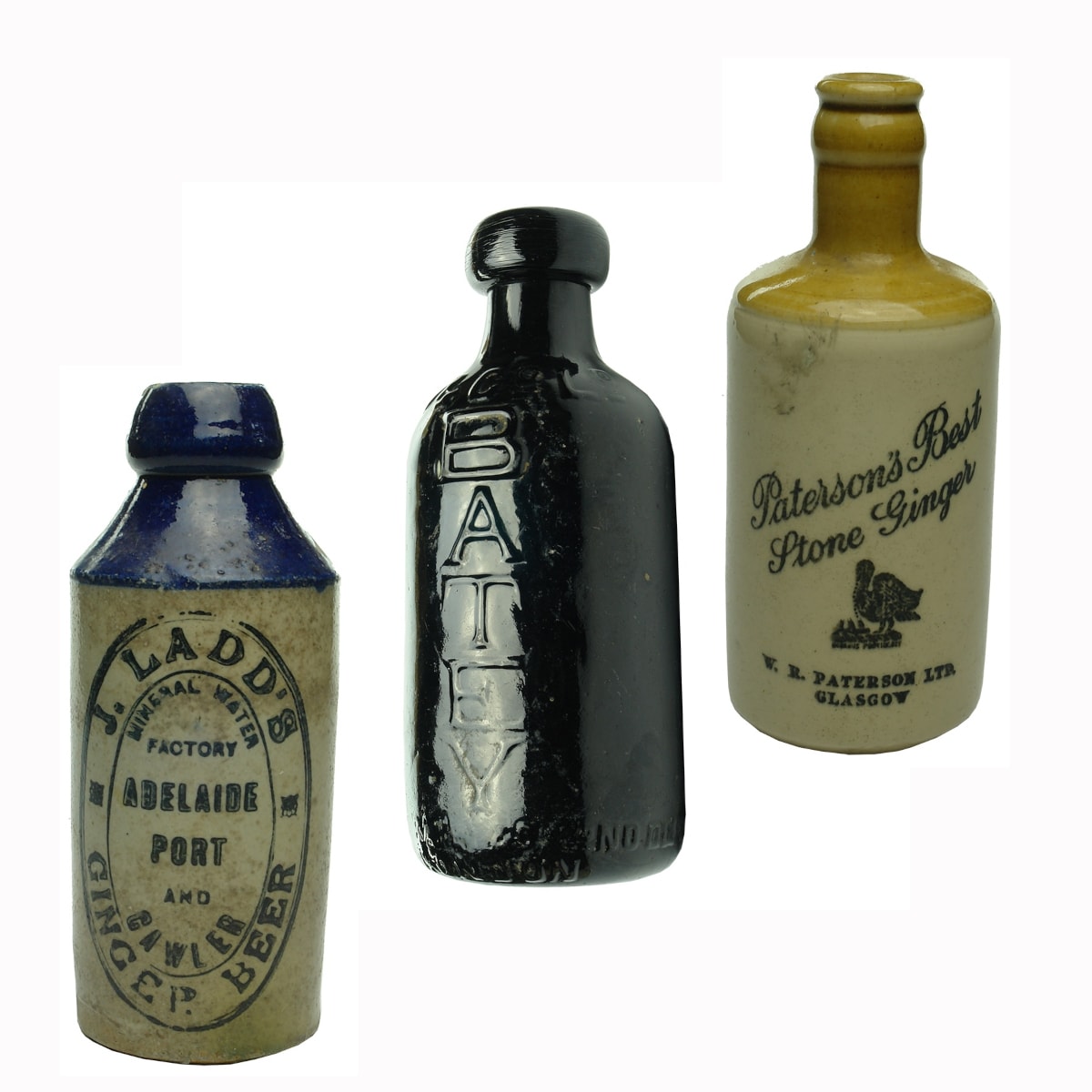 3 Ginger Beers: J. Ladd's Adelaide Port & Gawler; Black Glass Batey & Co Suprema; W. R. Paterson Ltd Glasgow.