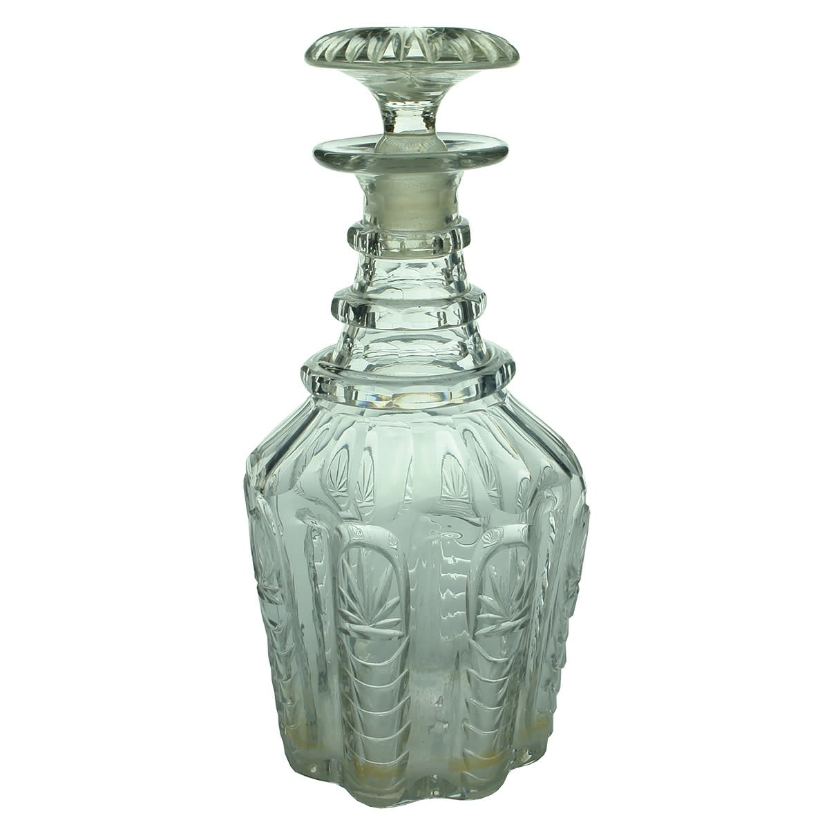 Glassware. Victorian 3 Neck Ring Cut Glass Decnater with Polished Pontil.