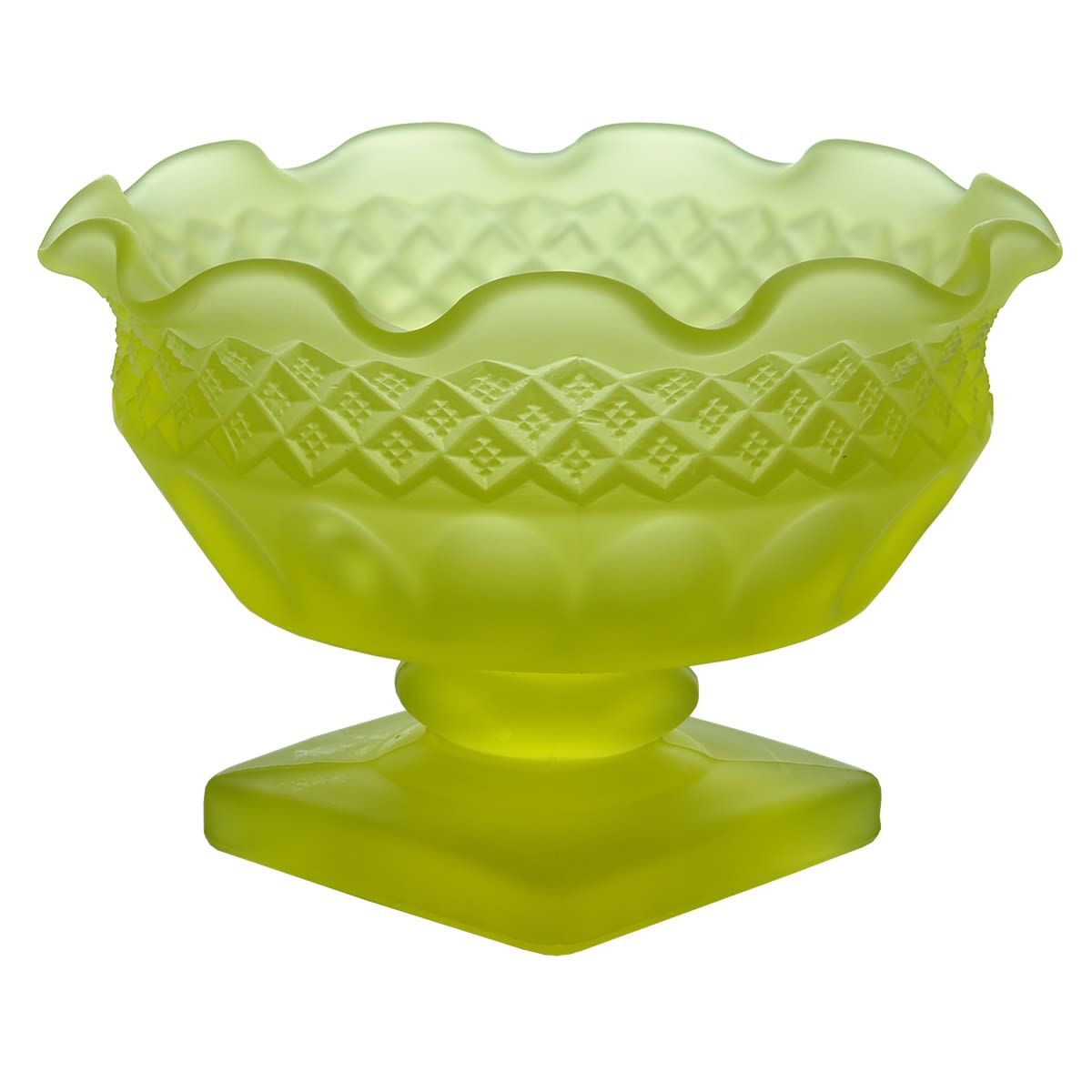 Glassware. Uranium Vaseline Glass pedestal candy dish with a ruffled edge, Westmoreland Glass. (United States)