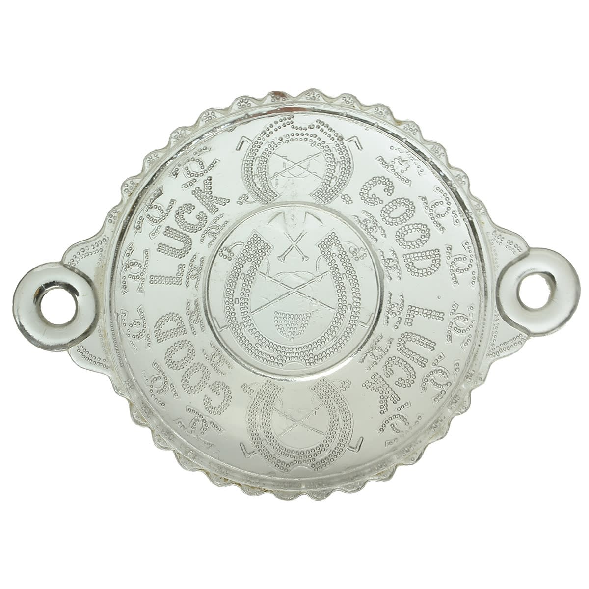 Glassware. Pressed Glass Good Luck Dish with Handles. 125 mm across.