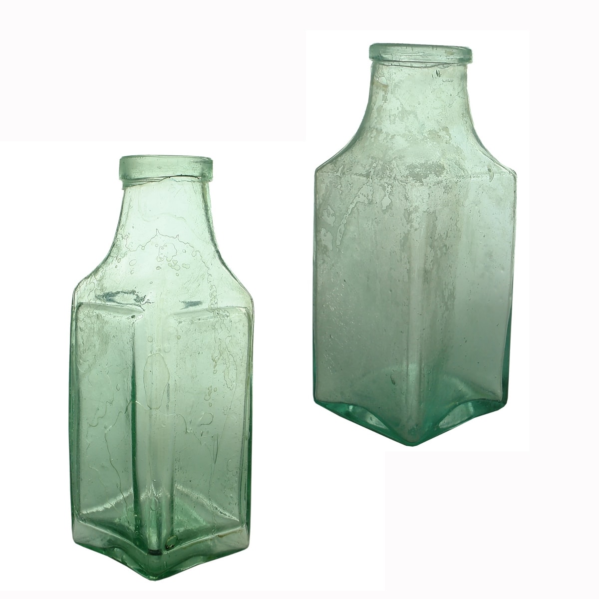 2 Goldfields Pickles: Square shapes, one with raised panels to every side and an unusual one with tapered shoulder and neck.