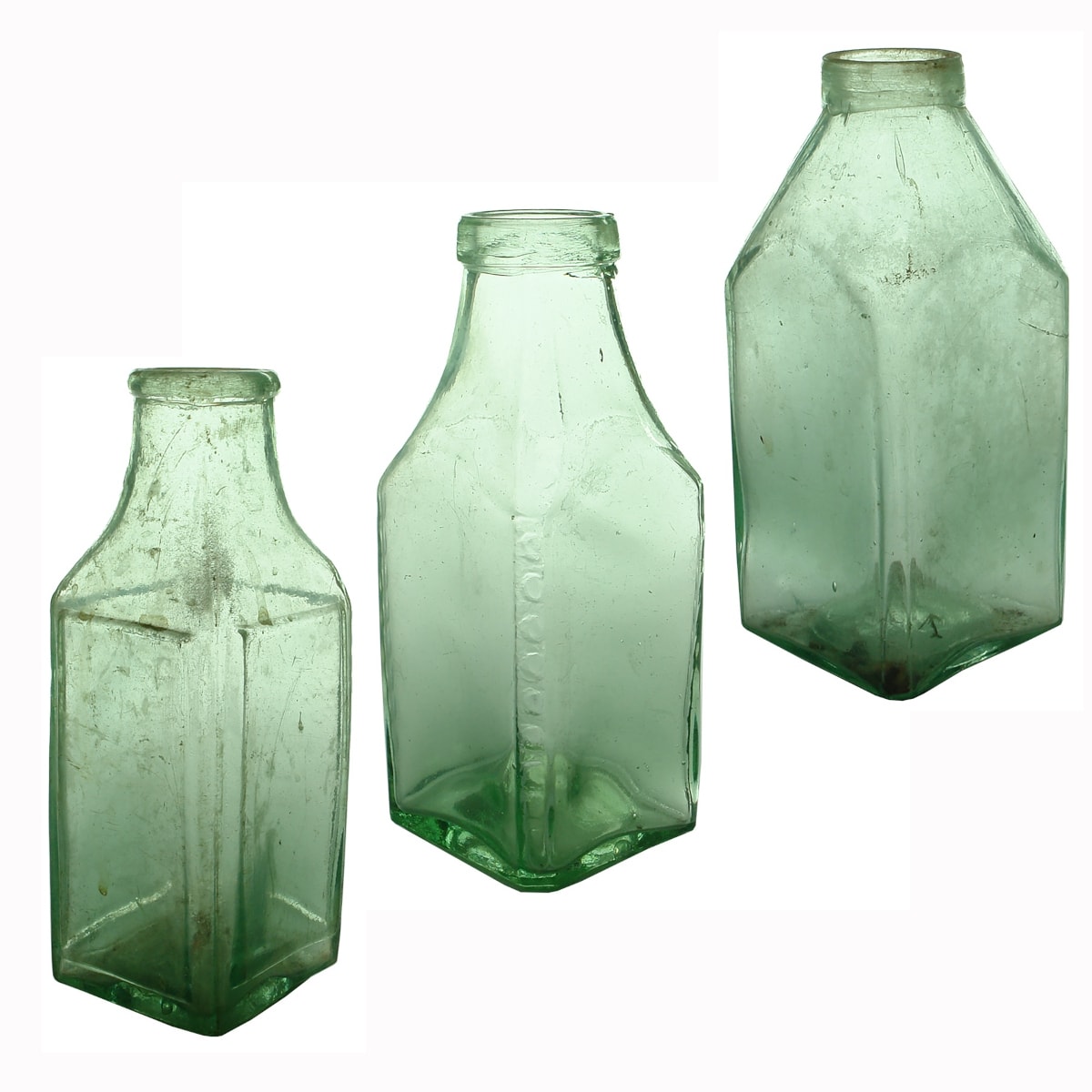3 Square Goldfields Pickles. Raised panels to 4 sides (British Registration Diamond to base); Indented dots down the edges; Tapered neck with short stubby top.