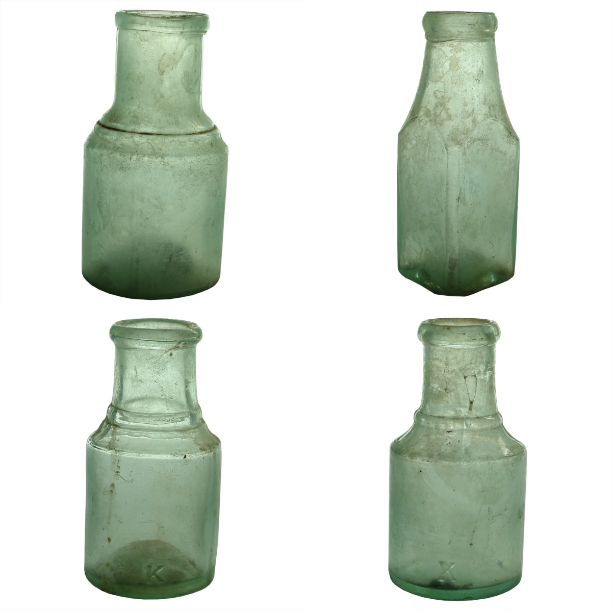 4 Goldfields era pickles: Unusual round one with fancy shoulder; Square, tapered shoulder, C & B near base; 2 different sized small round ones with K near base.