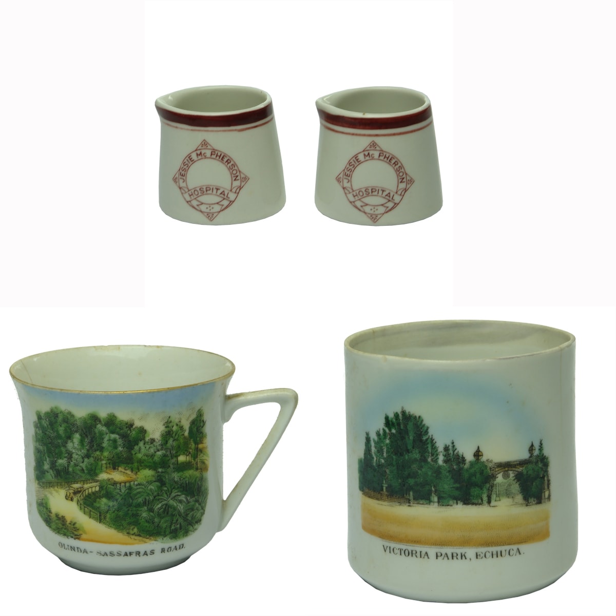 4 Souvenirware pieces: 2 x Jessie McPherson Hospital Cream jugs; Olinda-Sassafras road Teacup; Victoria Park Echuca Tumbler. (Victoria)