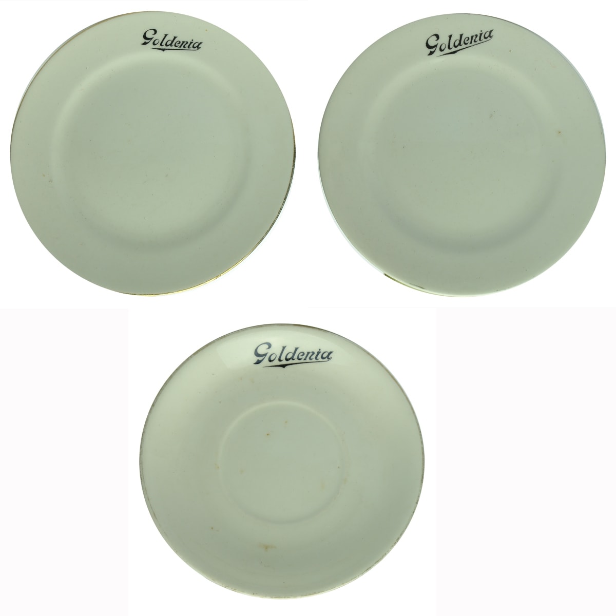 Hotelware. Three Goldenia Tea advertising pieces. Two sizes of small plate and a saucer. All are Collingwood Bone China, England. (Inglis Limited, Sydney, Newcastle, Brisbane and Melbourne)