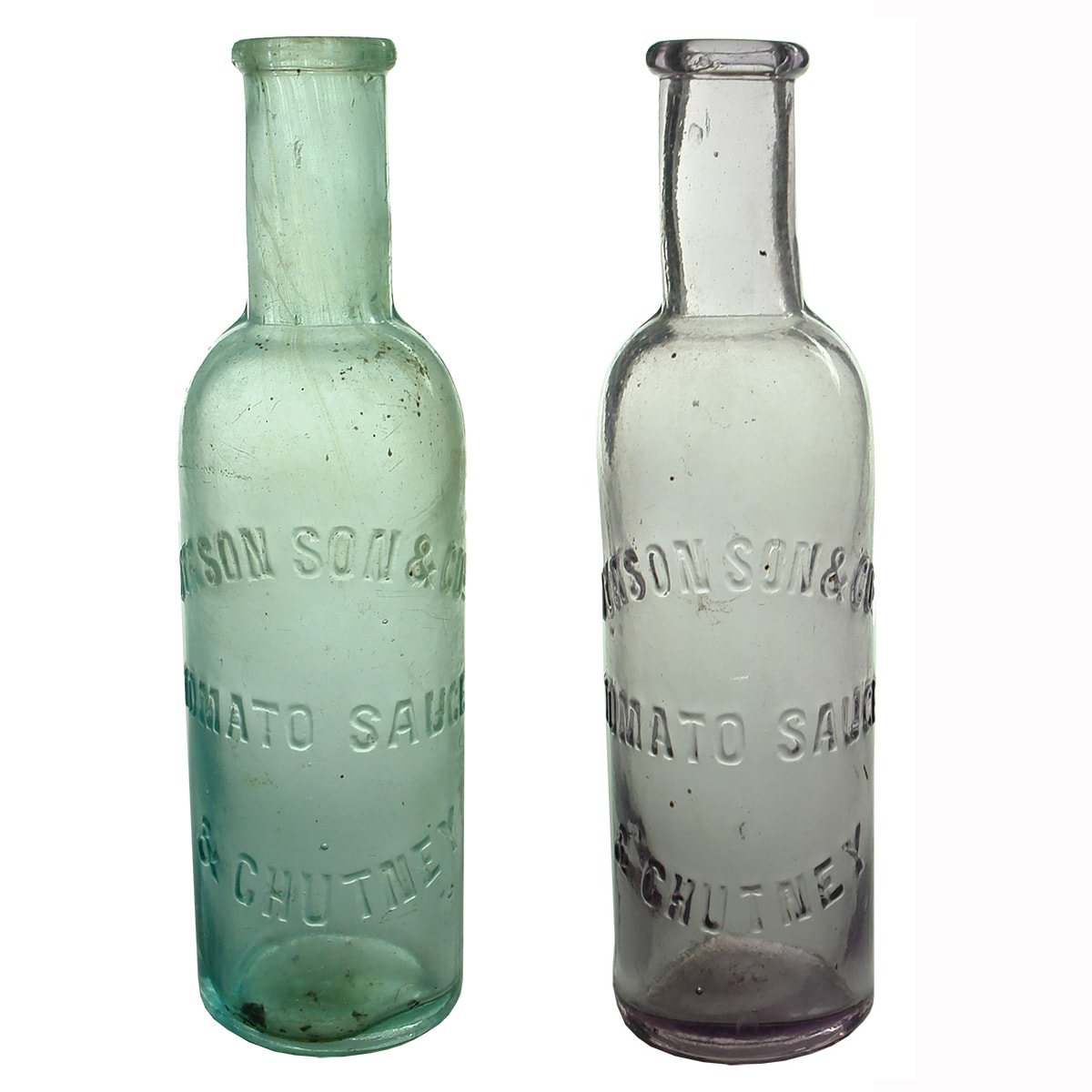 2 Dyason Son & Cos Tomato Sauce & Chutney bottles. Blue Aqua & Sun Coloured Amethyst. (Victoria)