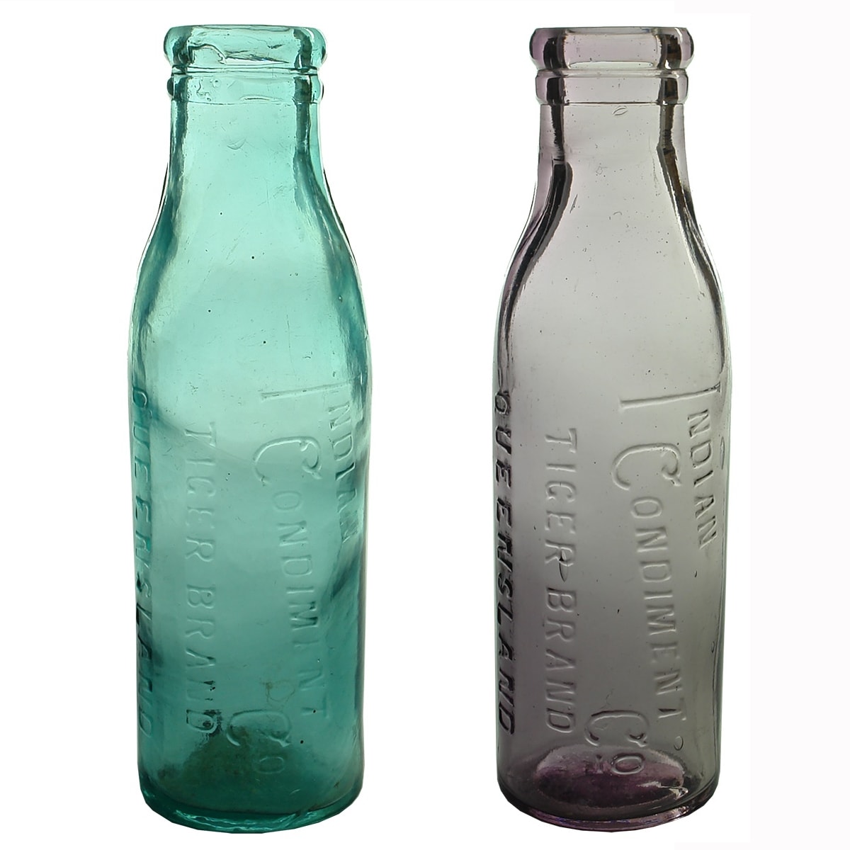 2 Indian Condiment Co Tiger Brand Queensland Chutneys. Blue Aqua & Sun Coloured Amethyst. (Queensland)