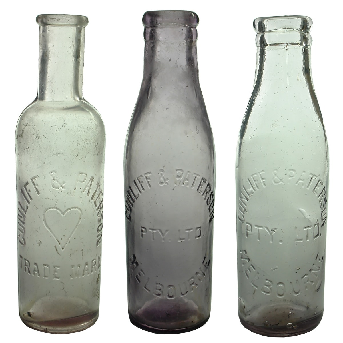 3 different Cunliff & Paterson Chutneys: Cunliff & Paterson with Love Heart; Tool finished & machine made Cunliff & Paterson Pty Ltd Melbourne. All Sun Coloured Amethyst. (Victoria)