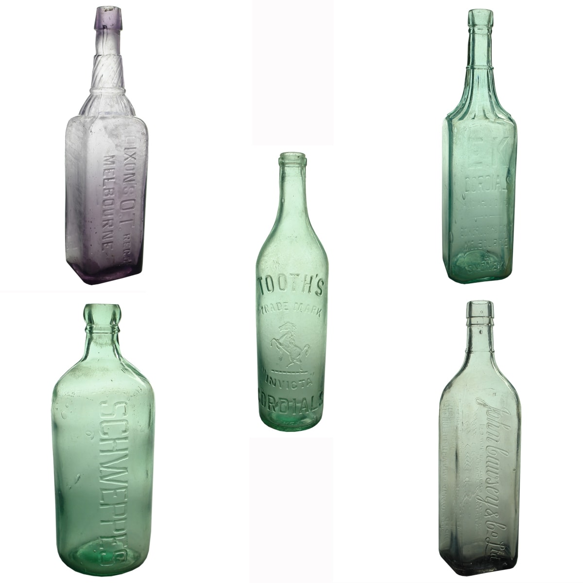 5 Cordials: OT, J. Dixon & Co Melbourne; Tooth's Invicta Cordials; EK Cordials, Eckersley & Sons, Melbourne & Sydney; Schweppes; John Cawsey & Co Ltd, Sydney & Brisbane.