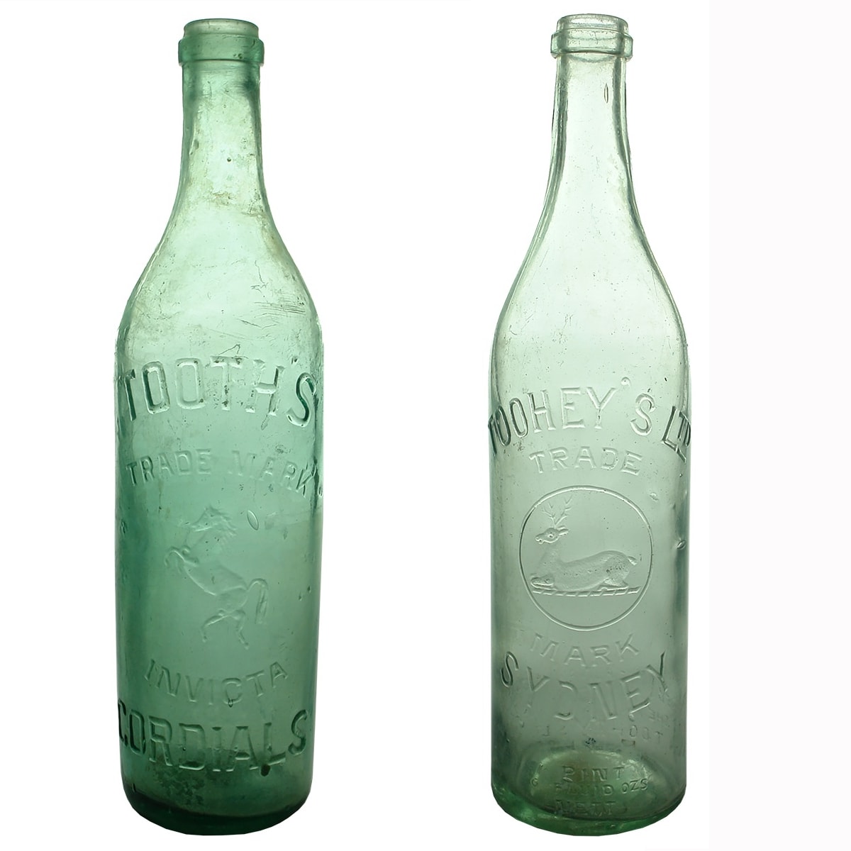 2 Cordials. Tooth's Cordials. Invicta. Rearing Horse; Tooheys Ltd Sydney. Stag. Zetland Glass. (New South Wales)