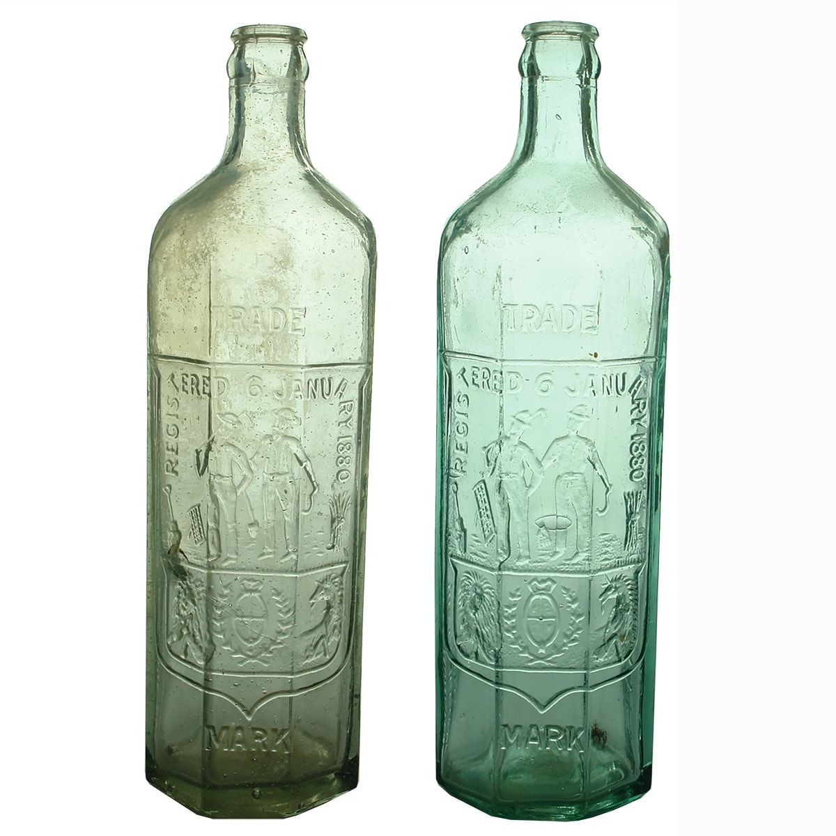 2 Octagonal Crown Seal E. Rowlands Cordials. Miner & Farmer. 26 oz. Different moulds and different colours. (Victoria & New South Wales)