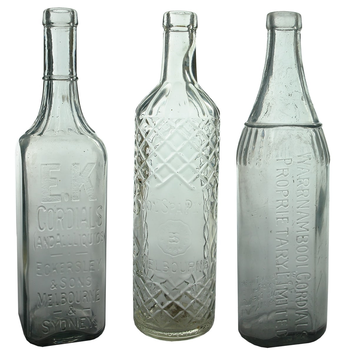 3 Cordials: EK, Eckersley & Sons, Melbourne & Sydney; Boon Spa Pty Ltd, Melbourne; Warrnambool Cordials. (Victoria & New South Wales)