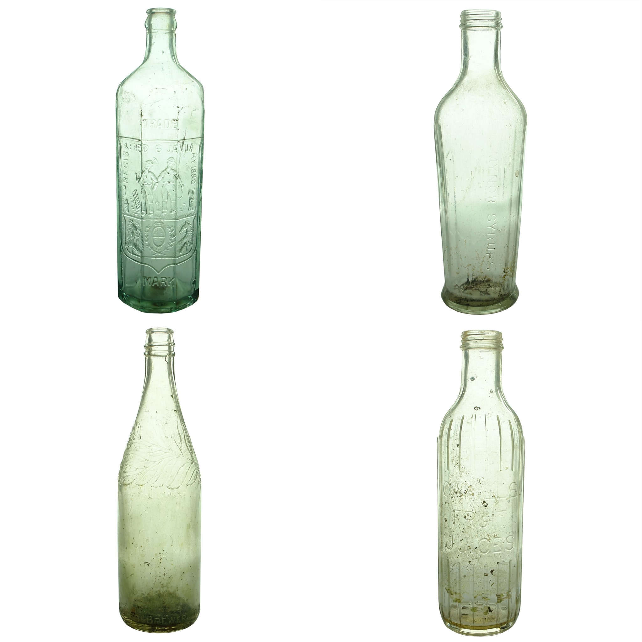 4 Cordials: Rowlands Octagonal Crown Seal; Mynor Syrups; Cascade Brewery Screw Top; Cahills Fruit Juices.